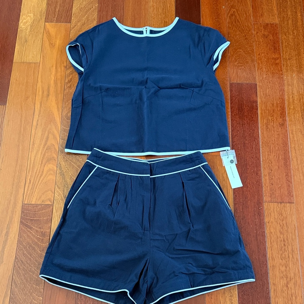Navy Two-Piece Top & Shorts Set with White Piping NWT